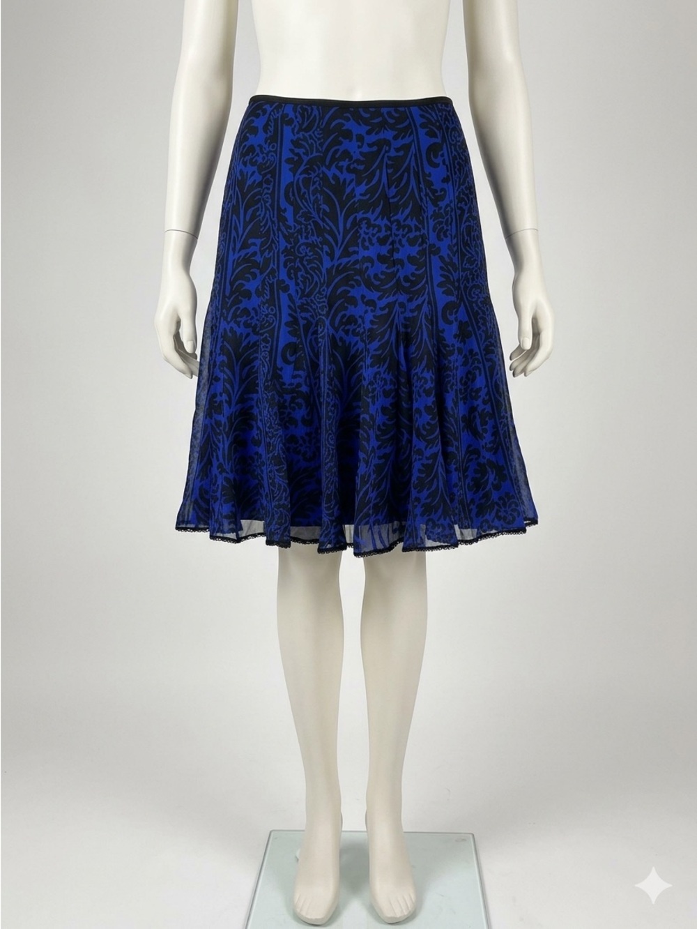 Y2K Nicole Miller Blue Black Floral Chiffon Pleated A-Line Skirt 12